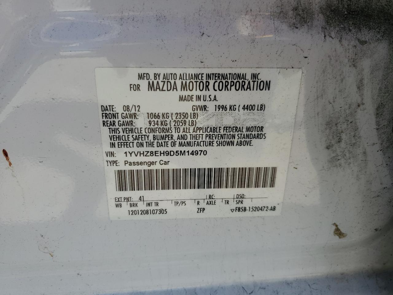 2013 Mazda 6 Touring Plus VIN: 1YVHZ8EH9D5M14970 Lot: 87190205