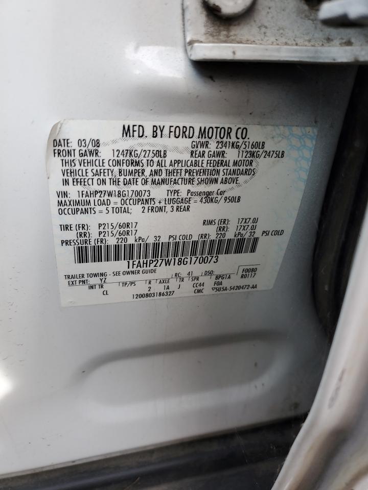 2008 Ford Taurus Sel VIN: 1FAHP27W18G170073 Lot: 82338625