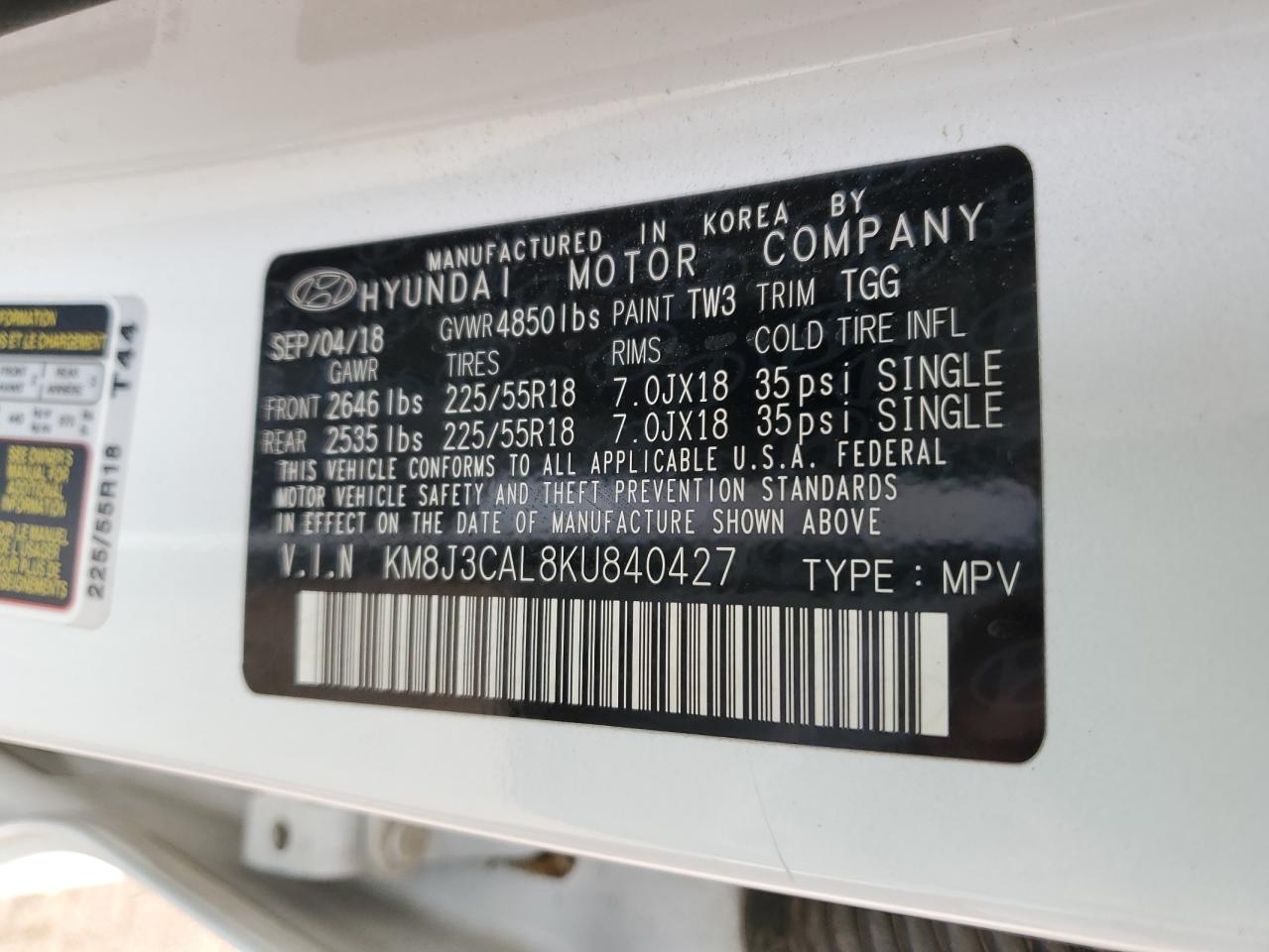 2019 Hyundai Tucson Limited VIN: KM8J3CAL8KU840427 Lot: 84974425