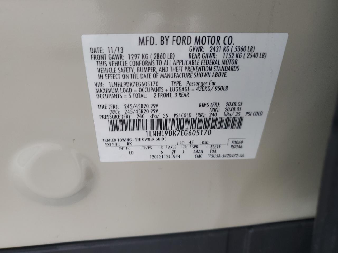 2014 Lincoln Mks VIN: 1LNHL9DK7EG605170 Lot: 82386565