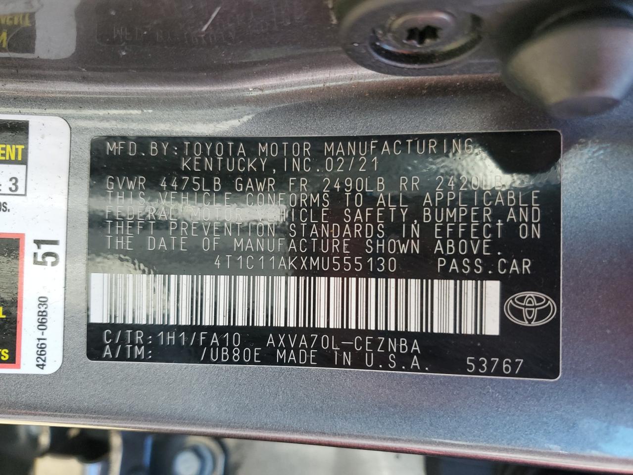 2021 Toyota Camry Le VIN: 4T1C11AKXMU555130 Lot: 85349605