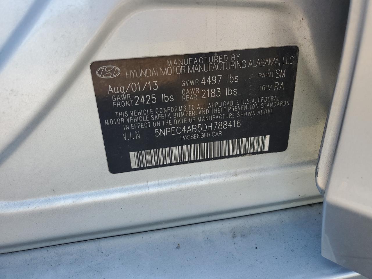 2013 Hyundai Sonata Se VIN: 5NPEC4AB5DH788416 Lot: 86065255