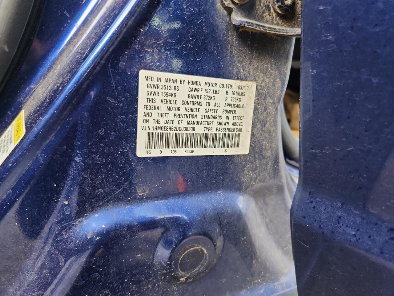 2013 Honda Fit Sport VIN: JHMGE8H62DC038338 Lot: 85581715