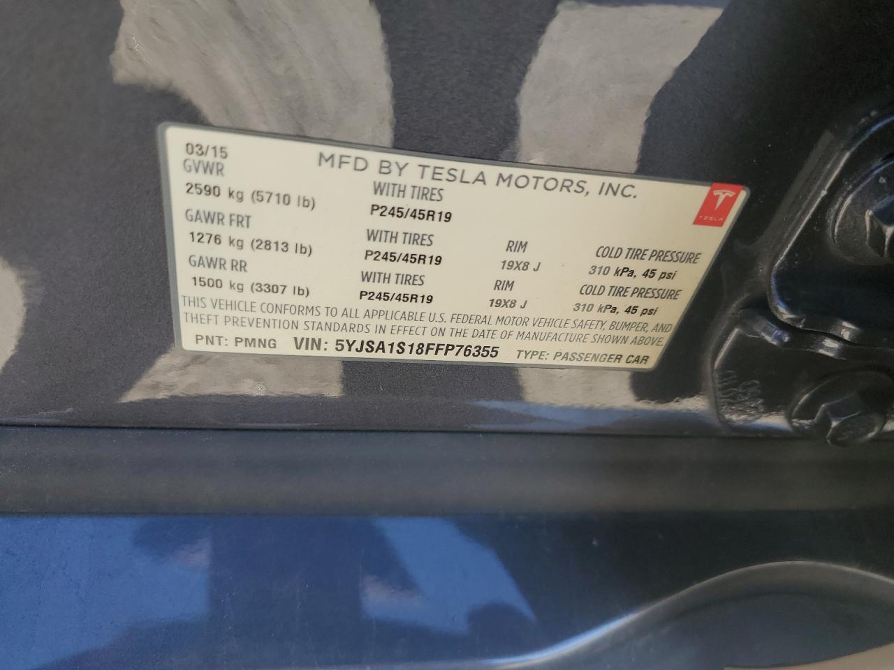 2015 Tesla Model S 60 VIN: 5YJSA1S18FFP76355 Lot: 86795565