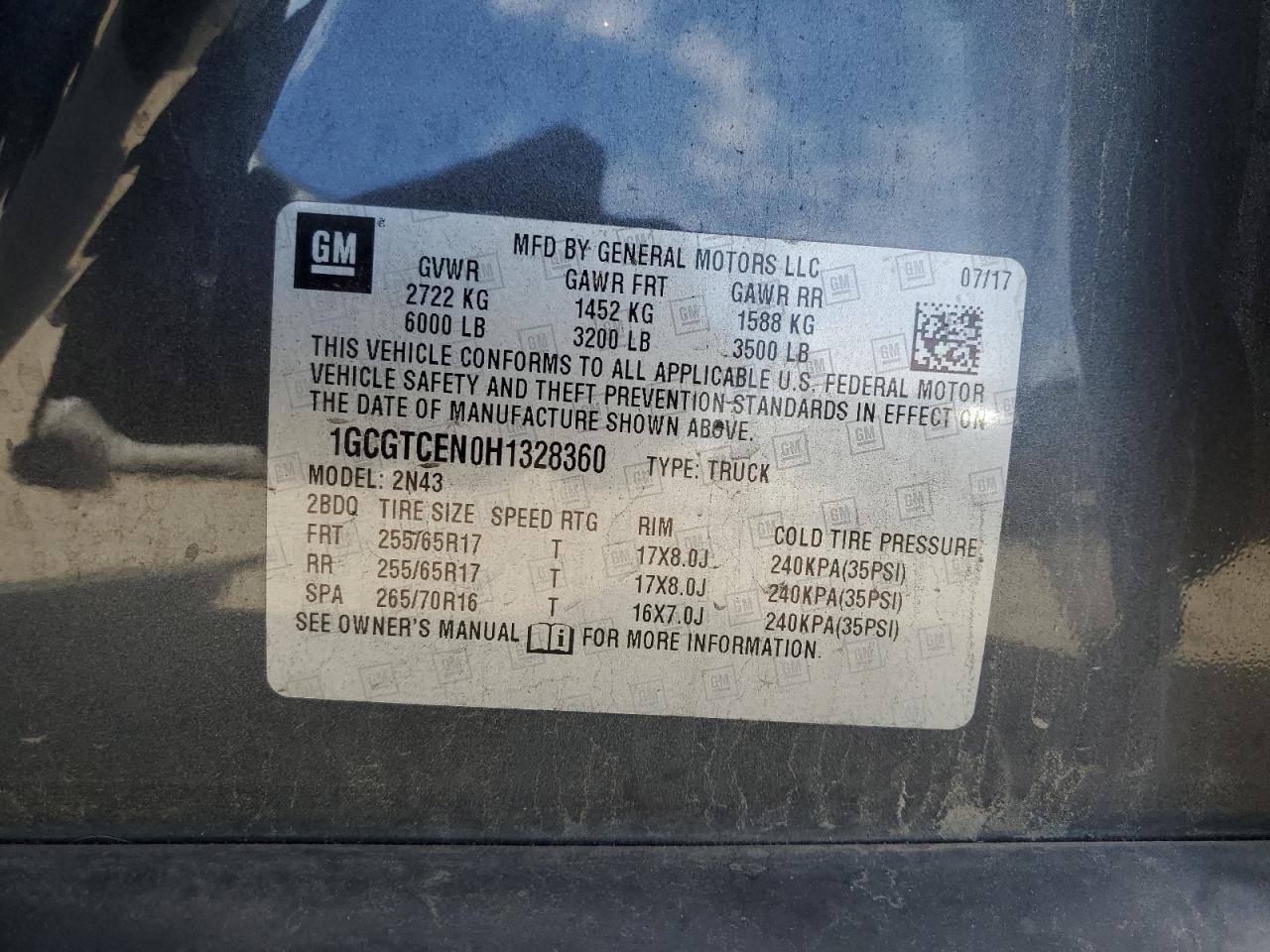 2017 Chevrolet Colorado Lt VIN: 1GCGTCEN0H1328360 Lot: 81996235