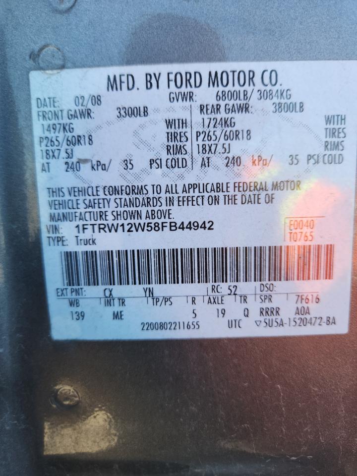 2008 Ford F150 Supercrew VIN: 1FTRW12W58FB44942 Lot: 82587895