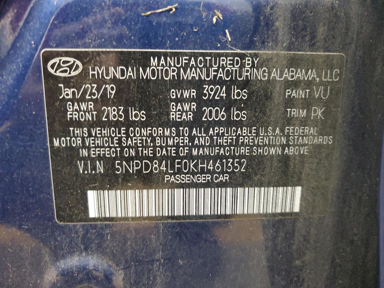 2019 Hyundai Elantra Sel VIN: 5NPD84LF0KH461352 Lot: 82176145