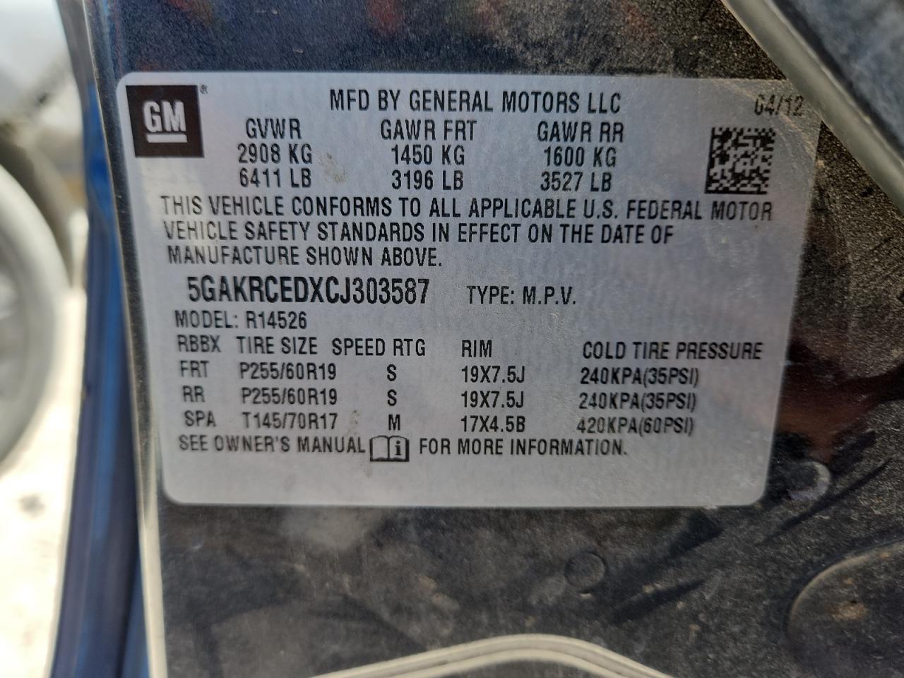 2012 Buick Enclave VIN: 5GAKRCEDXCJ303587 Lot: 82475085