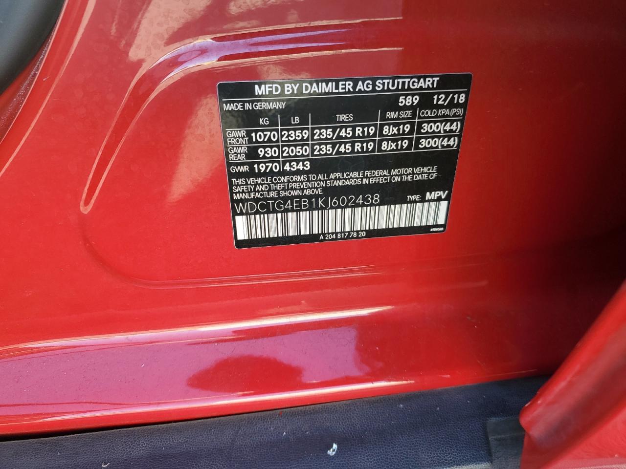 2019 Mercedes-Benz Gla 250 VIN: WDCTG4EB1KJ602438 Lot: 82436665