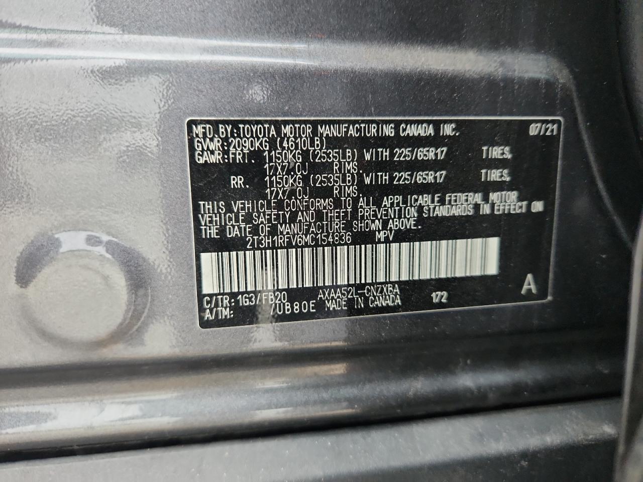 2021 Toyota Rav4 Le VIN: 2T3H1RFV6MC154836 Lot: 85378125