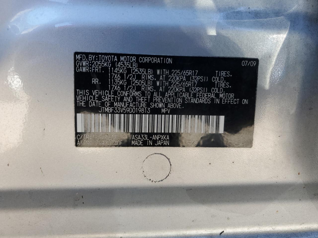 2009 Toyota Rav4 VIN: JTMBF33V59D019813 Lot: 85085325