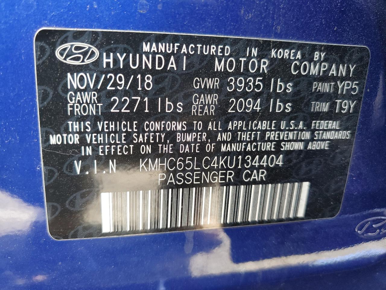 2019 Hyundai Ioniq Blue VIN: KMHC65LC4KU134404 Lot: 85004765