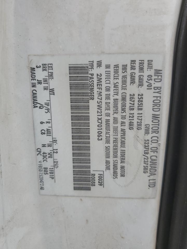 2001 Mercury Grand Marquis Ls VIN: 2MEFM75W21X701063 Lot: 85872575