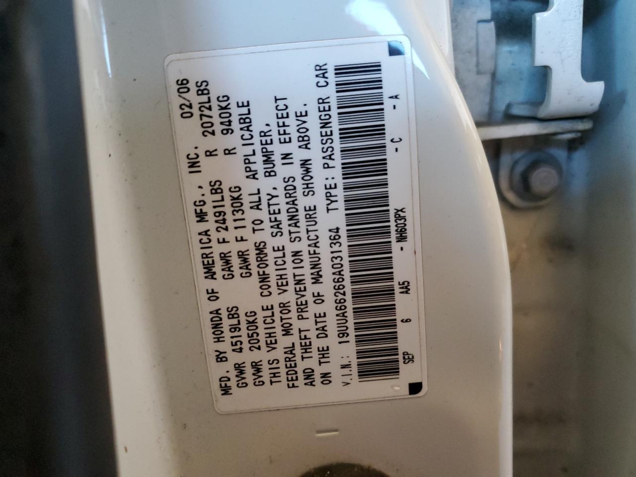 2006 Acura 3.2Tl VIN: 19UUA66266A031364 Lot: 90505235