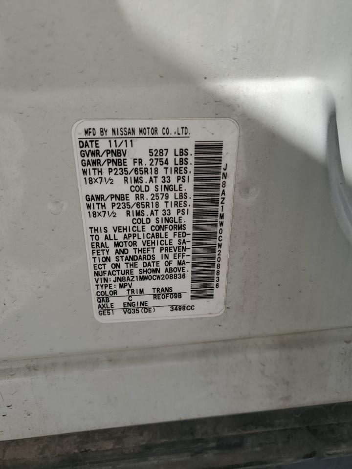 2012 Nissan Murano S VIN: JN8AZ1MW0CW208836 Lot: 85876265