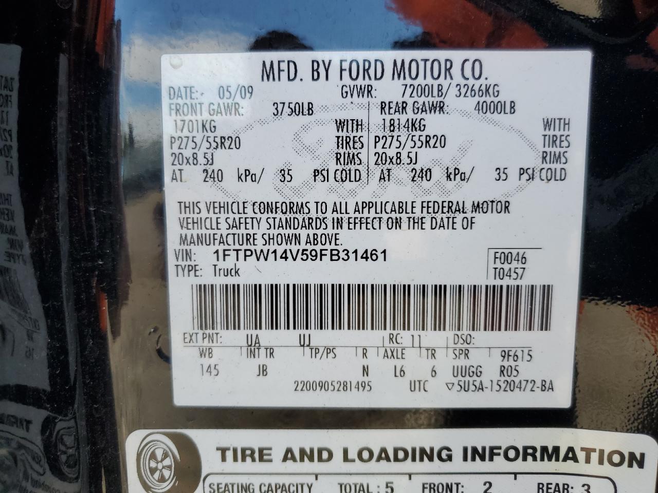 2009 Ford F150 Supercrew VIN: 1FTPW14V59FB31461 Lot: 82501885