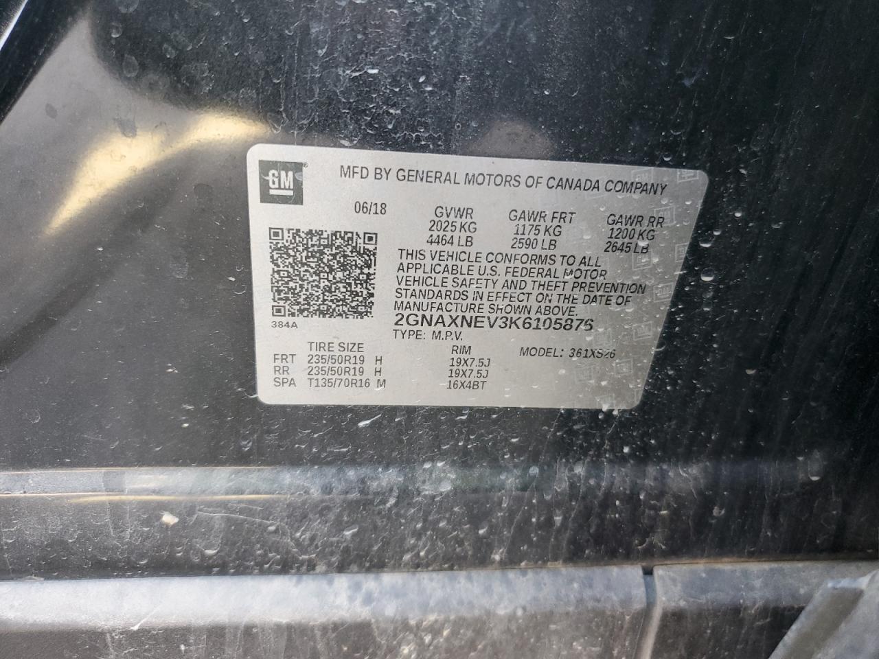 2019 Chevrolet Equinox Premier VIN: 2GNAXNEV3K6105876 Lot: 84607255