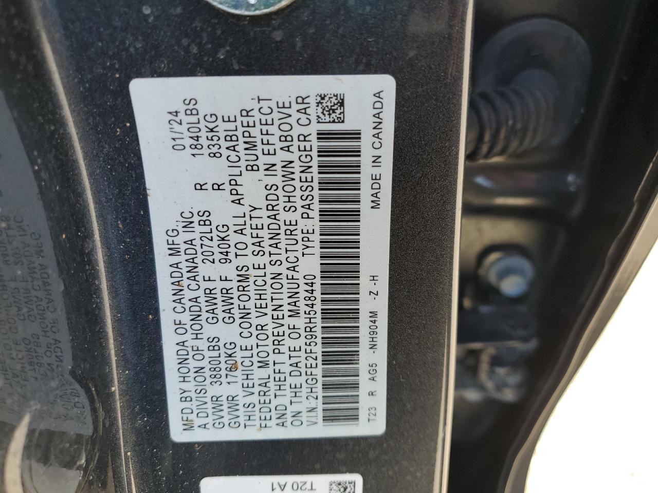 2024 Honda Civic Sport VIN: 2HGFE2F59RH548440 Lot: 81652035