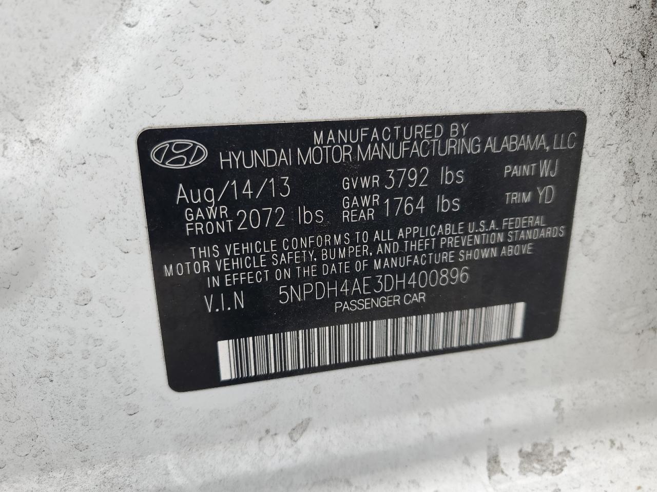 2013 Hyundai Elantra Gls VIN: 5NPDH4AE3DH400896 Lot: 85584135