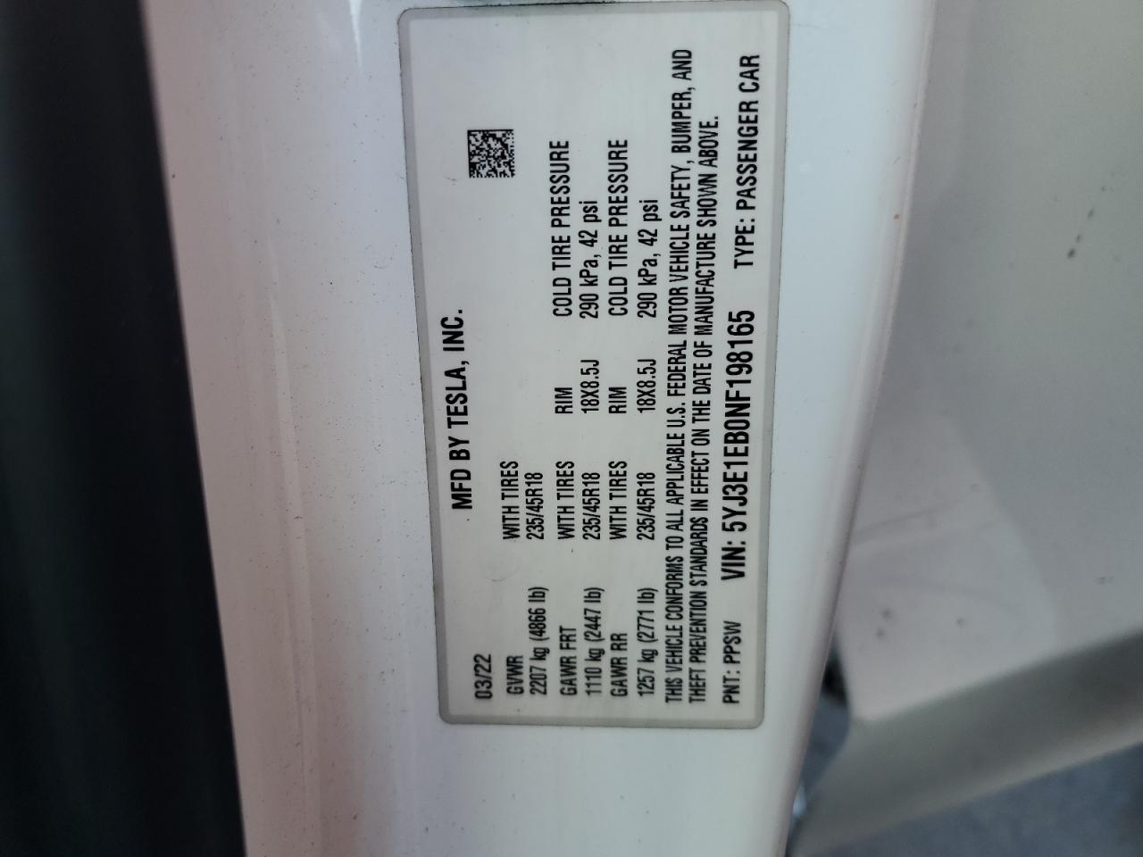 2022 Tesla Model 3 VIN: 5YJ3E1EB0NF198165 Lot: 85264395