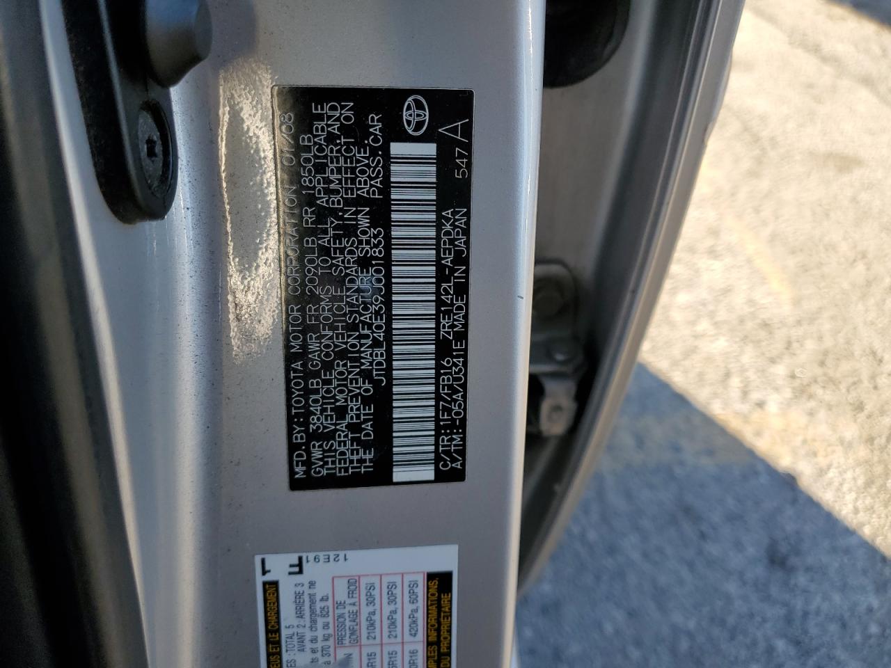 2009 Toyota Corolla Base VIN: JTDBL40E39J001833 Lot: 82354875