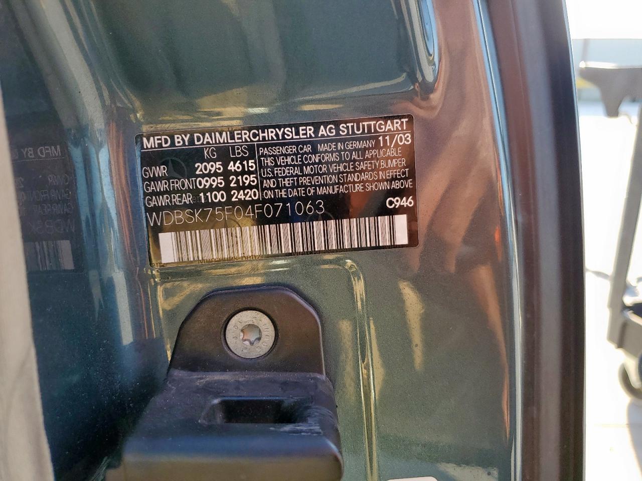 2004 Mercedes-Benz Sl 500 VIN: WDBSK75F04F071063 Lot: 85932965