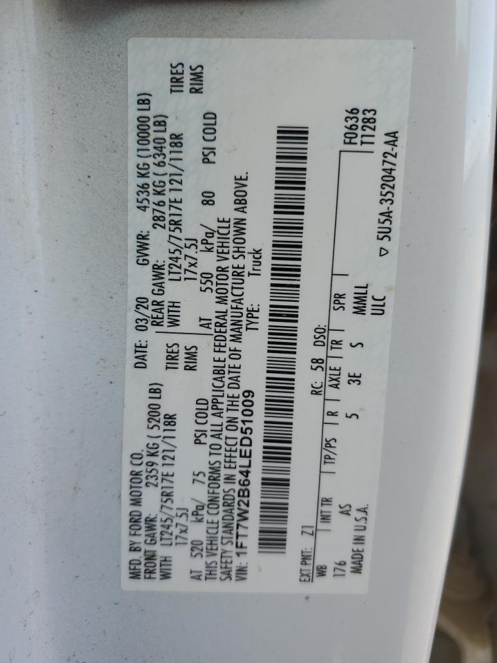 2020 Ford F250 Super Duty VIN: 1FT7W2B64LED51009 Lot: 82391445