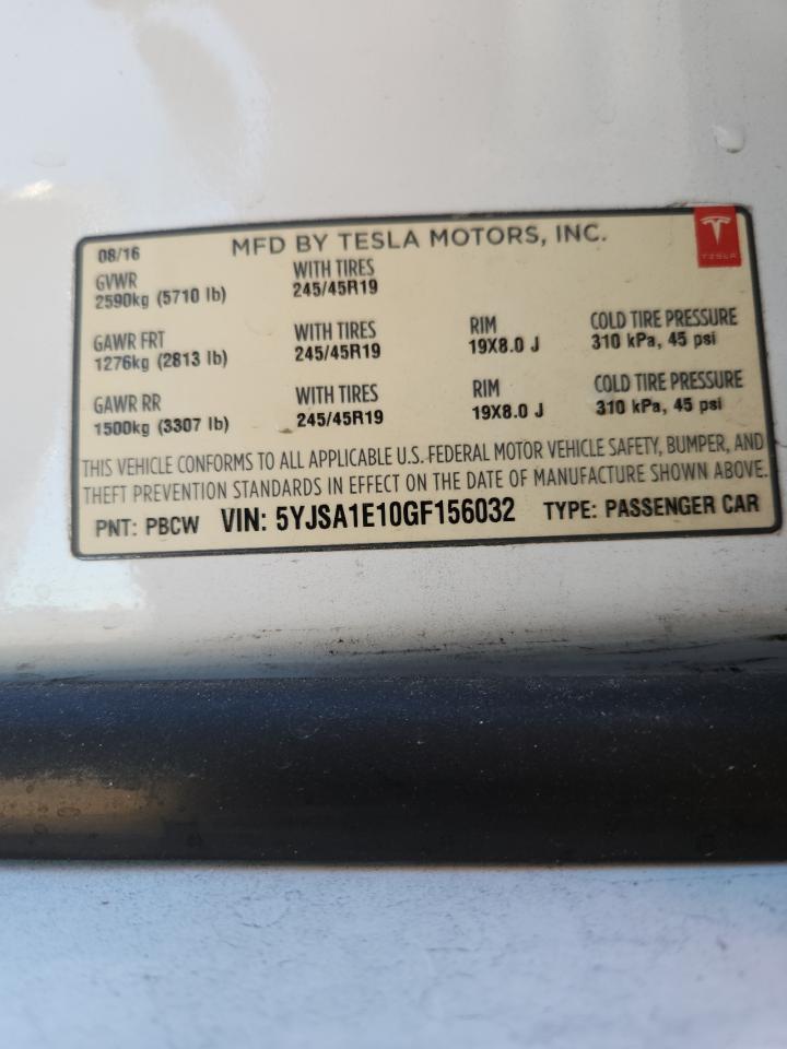2016 Tesla Model S VIN: 5YJSA1E10GF156032 Lot: 87052425
