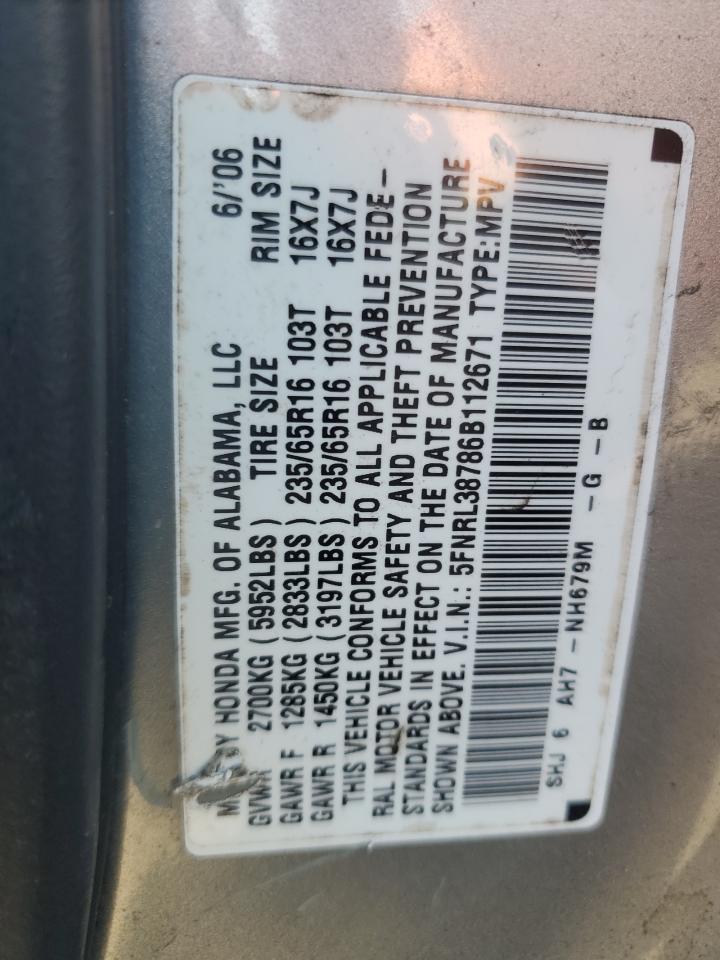 2006 Honda Odyssey Exl VIN: 5FNRL38786B112671 Lot: 90062285