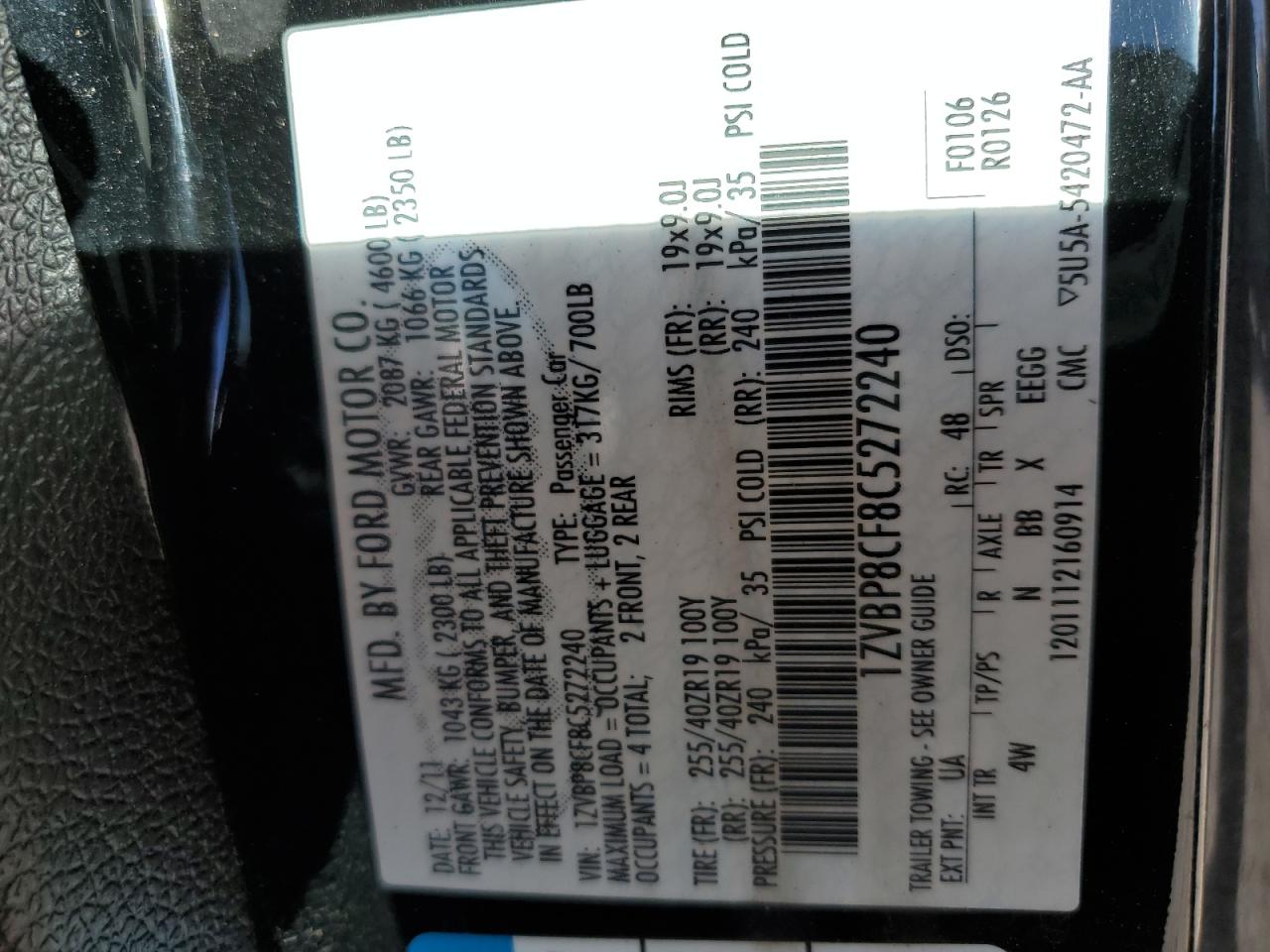 2012 Ford Mustang Gt VIN: 1ZVBP8CF8C5272240 Lot: 89697955