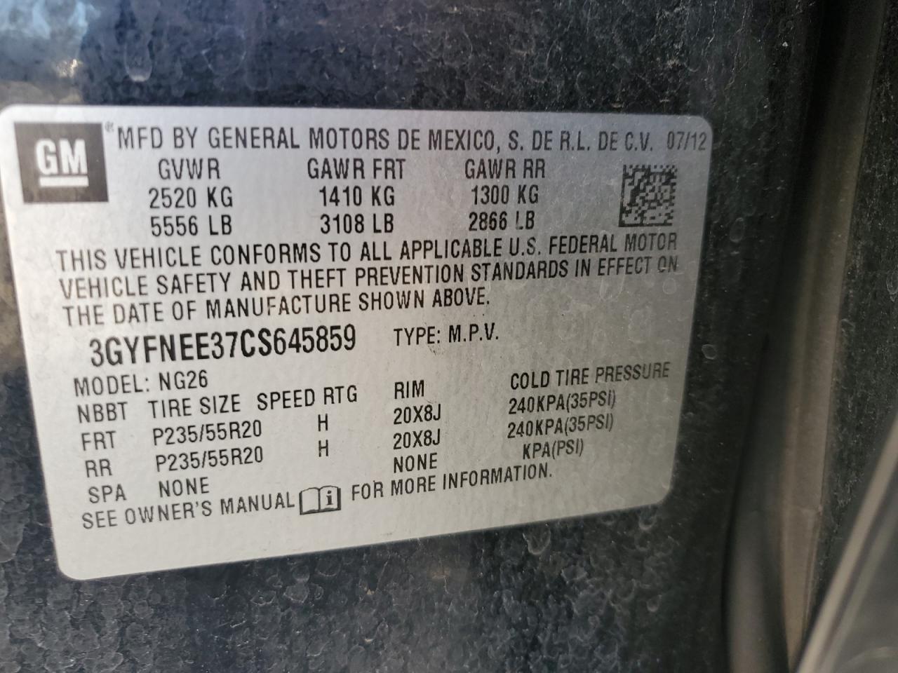 2012 Cadillac Srx Performance Collection VIN: 3GYFNEE37CS645859 Lot: 87452835