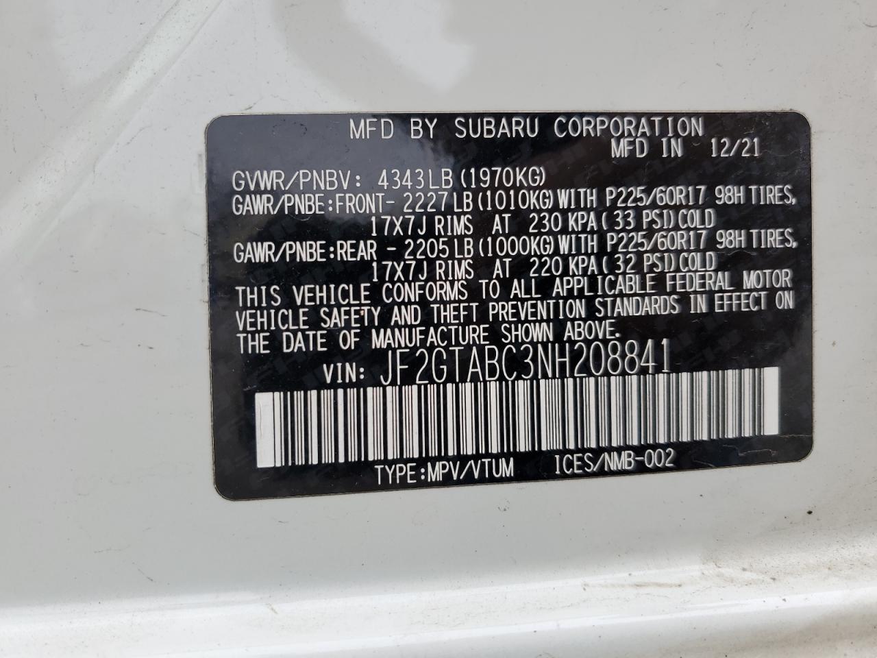 2022 Subaru Crosstrek VIN: JF2GTABC3NH208841 Lot: 90221155