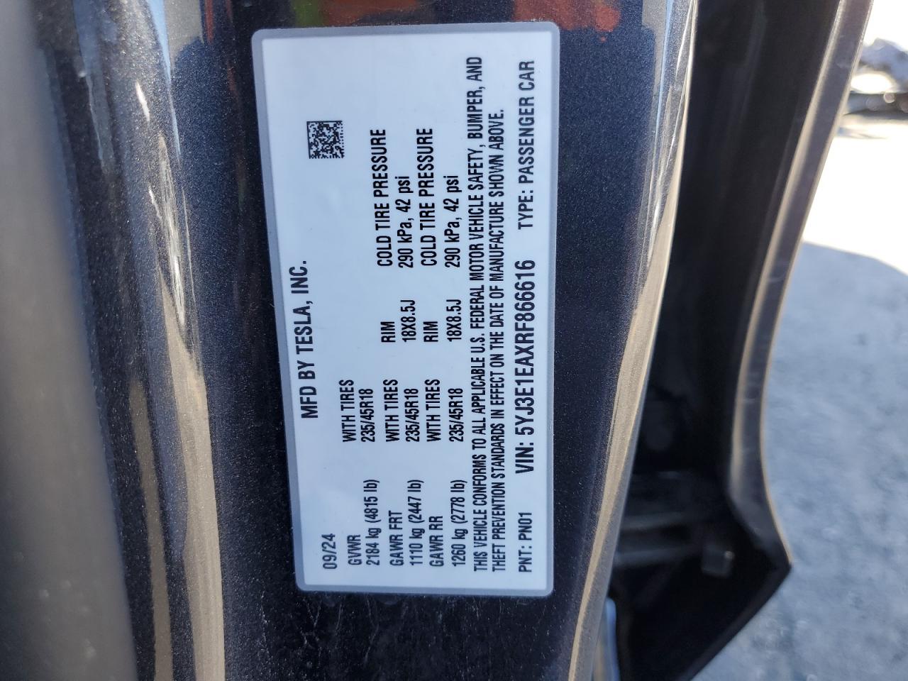 2024 Tesla Model 3 VIN: 5YJ3E1EAXRF866616 Lot: 87051305