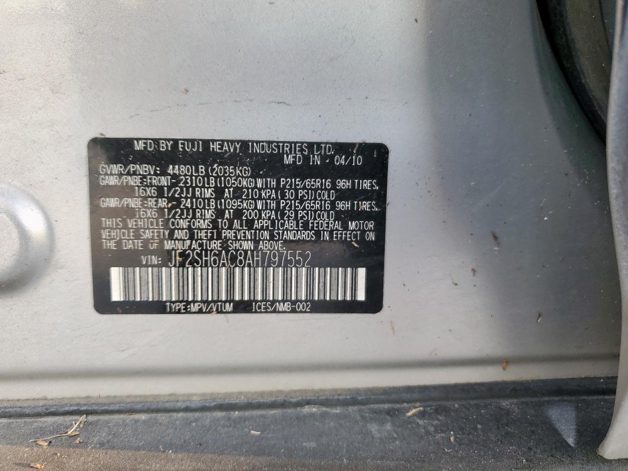 2010 Subaru Forester 2.5X VIN: JF2SH6AC8AH797552 Lot: 86188555