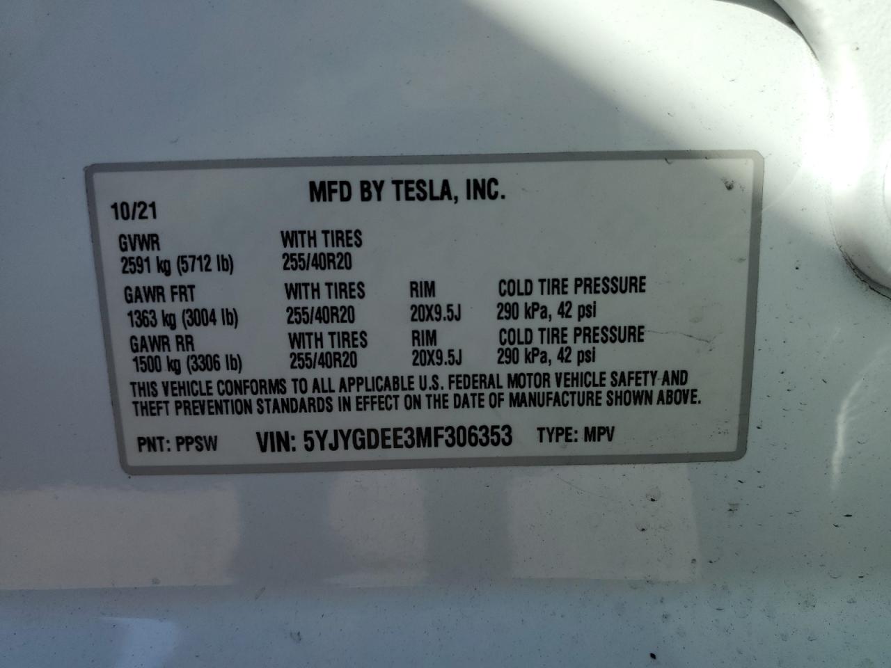 2021 Tesla Model Y VIN: 5YJYGDEE3MF306353 Lot: 86890345