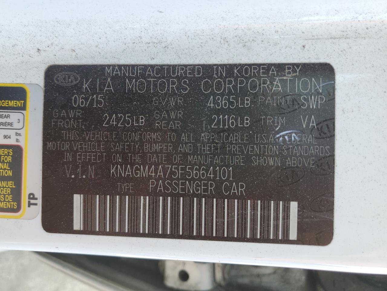 2015 Kia Optima Lx VIN: KNAGM4A75F5664101 Lot: 85255655