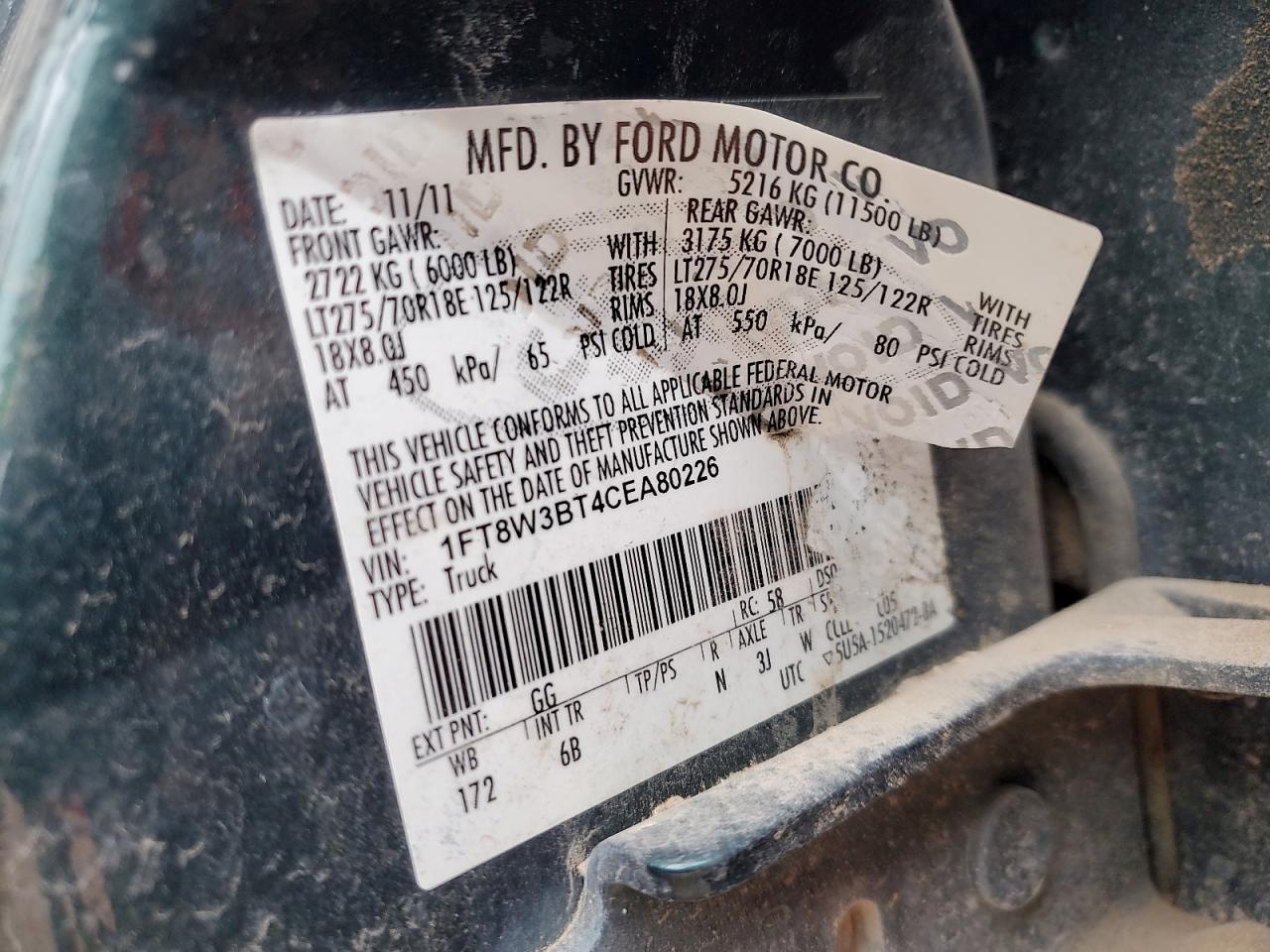 2012 Ford F350 Super Duty VIN: 1FT8W3BT4CEA80226 Lot: 84034985