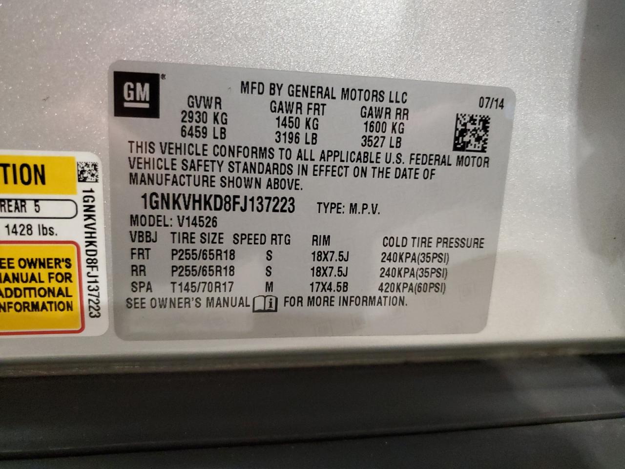 2015 Chevrolet Traverse Lt VIN: 1GNKVHKD8FJ137223 Lot: 81938835