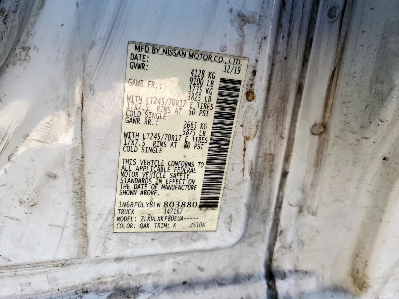 2020 Nissan Nv 2500 S VIN: 1N6BF0LY8LN803880 Lot: 86521915