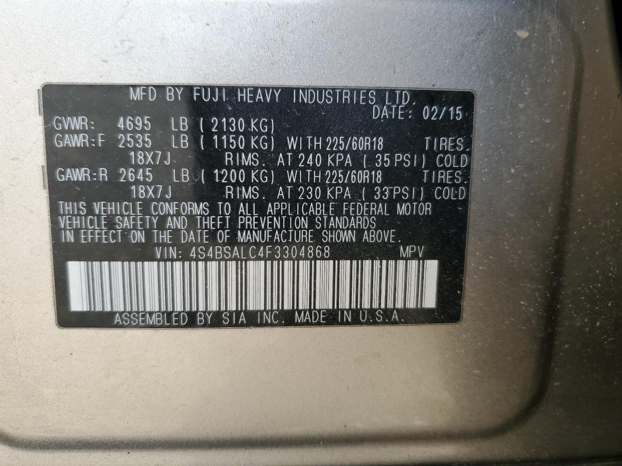 2015 Subaru Outback 2.5I Limited VIN: 4S4BSALC4F3304868 Lot: 86254485