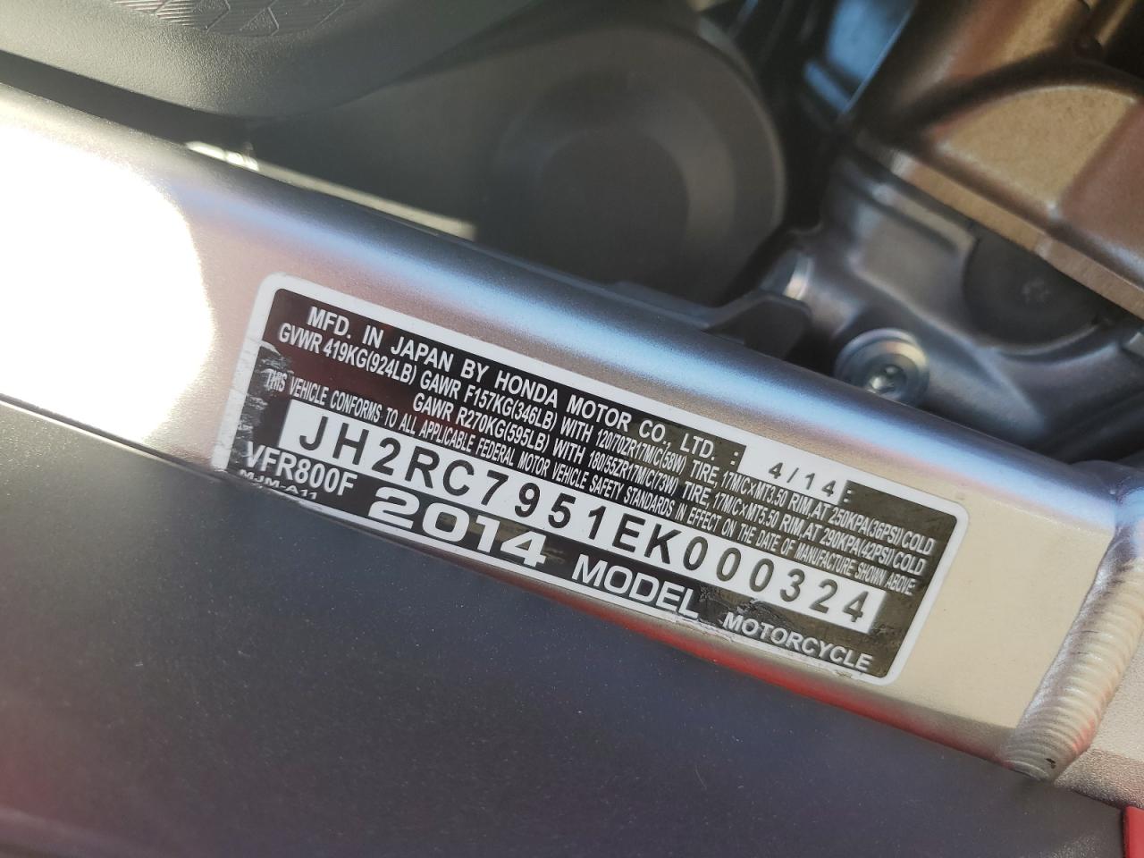 2014 Honda Vfr800 F VIN: JH2RC7951EK000324 Lot: 84869085