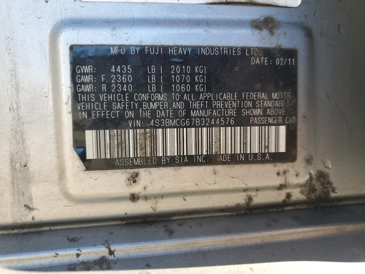 2011 Subaru Legacy 2.5I Premium VIN: 4S3BMCG67B3244576 Lot: 89719895