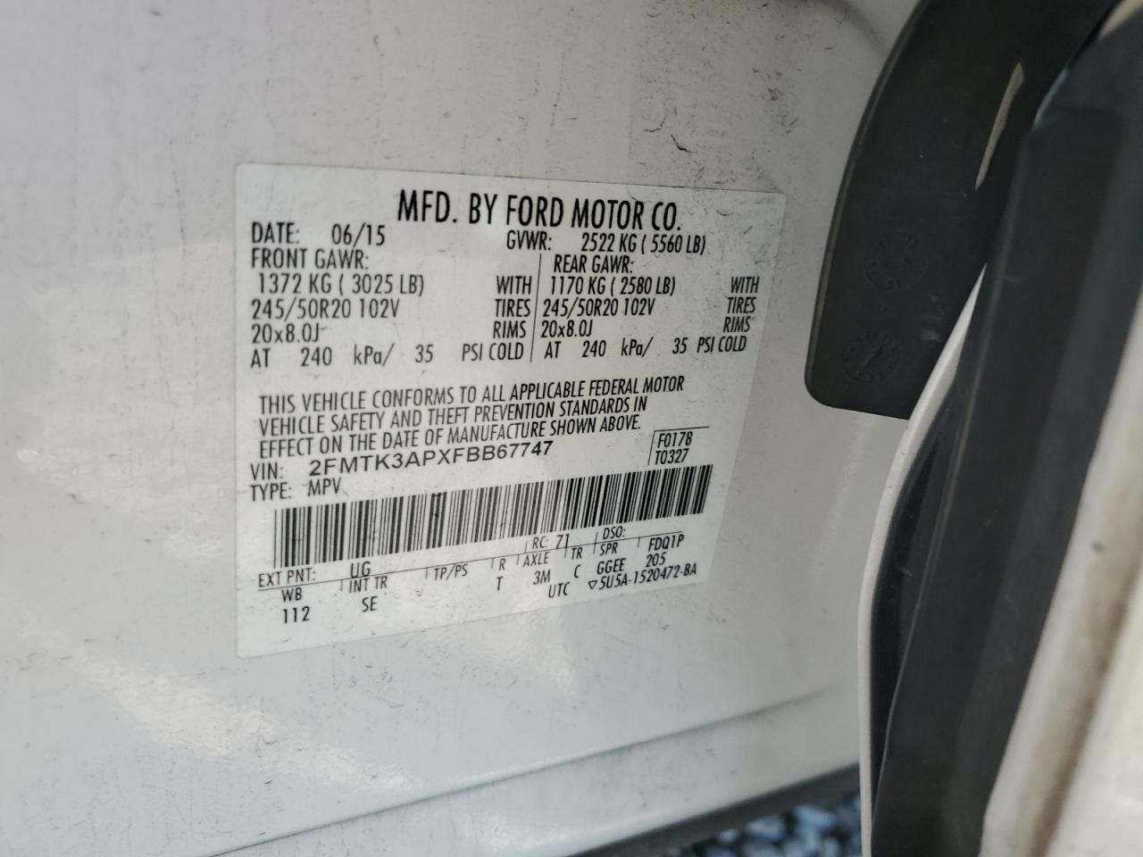 2015 Ford Edge Sport VIN: 2FMTK3APXFBB67747 Lot: 85962175