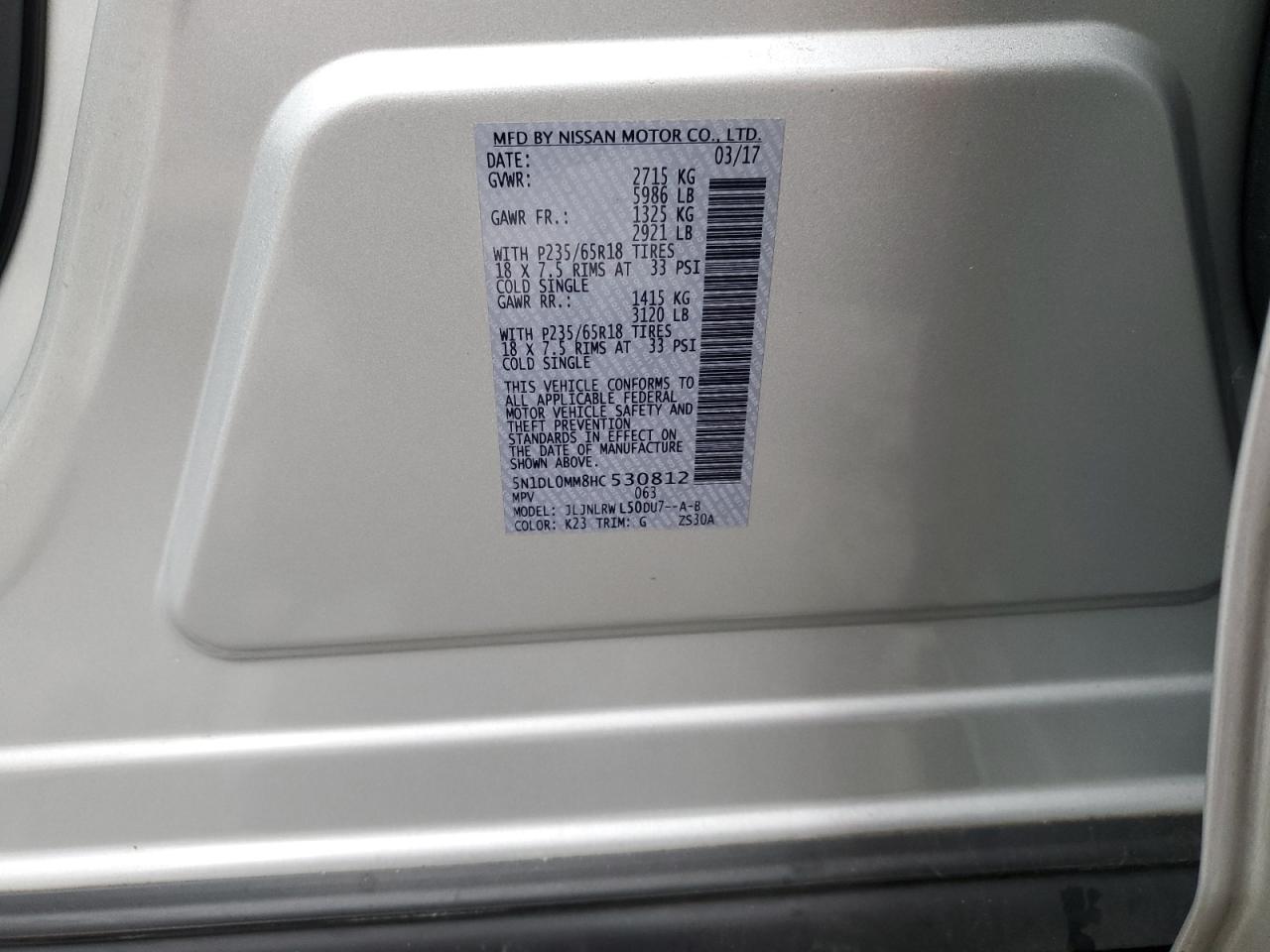 2017 Infiniti Qx60 VIN: 5N1DL0MM8HC530812 Lot: 86453275