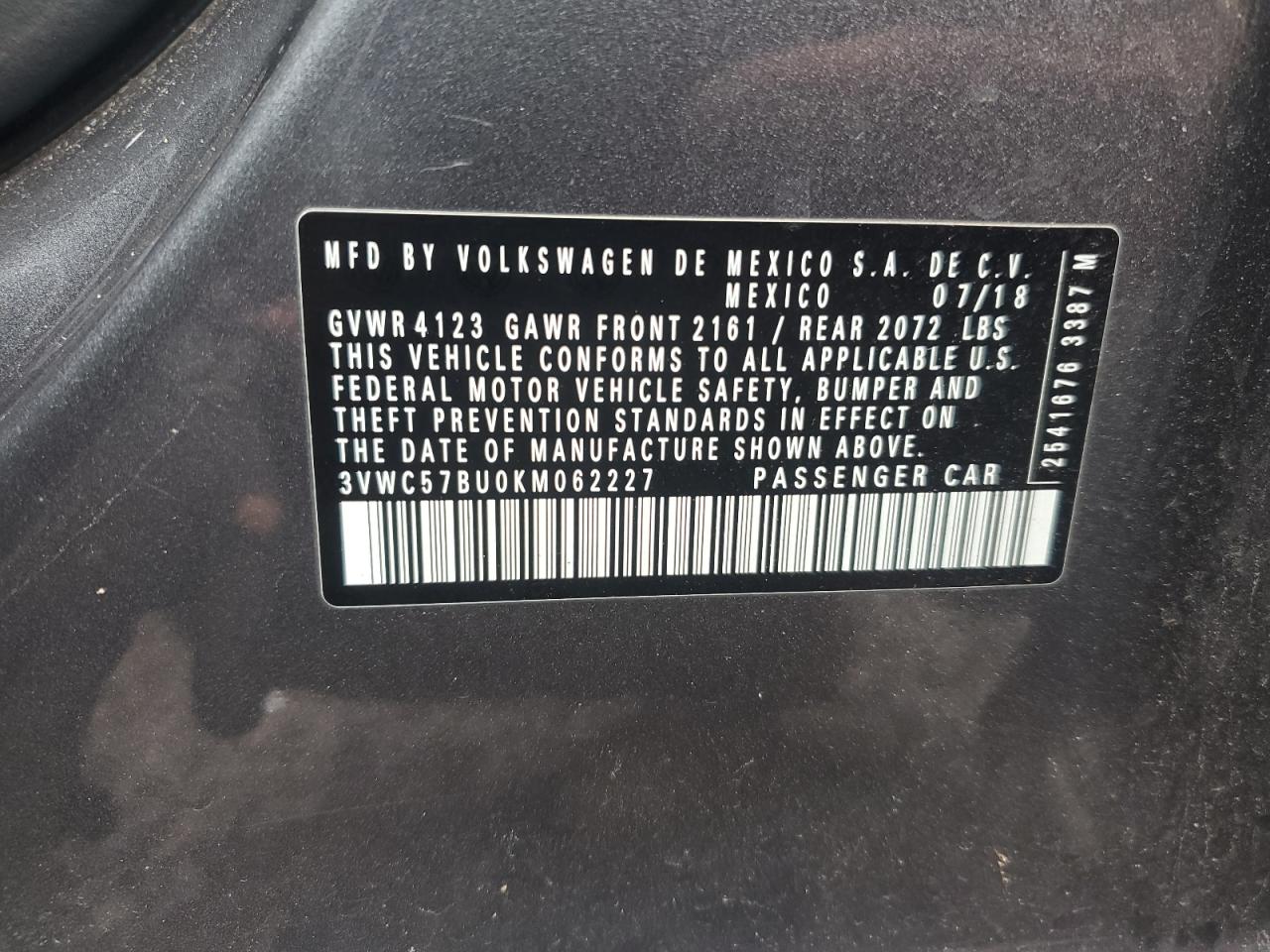 2019 Volkswagen Jetta S VIN: 3VWC57BU0KM062227 Lot: 86431155