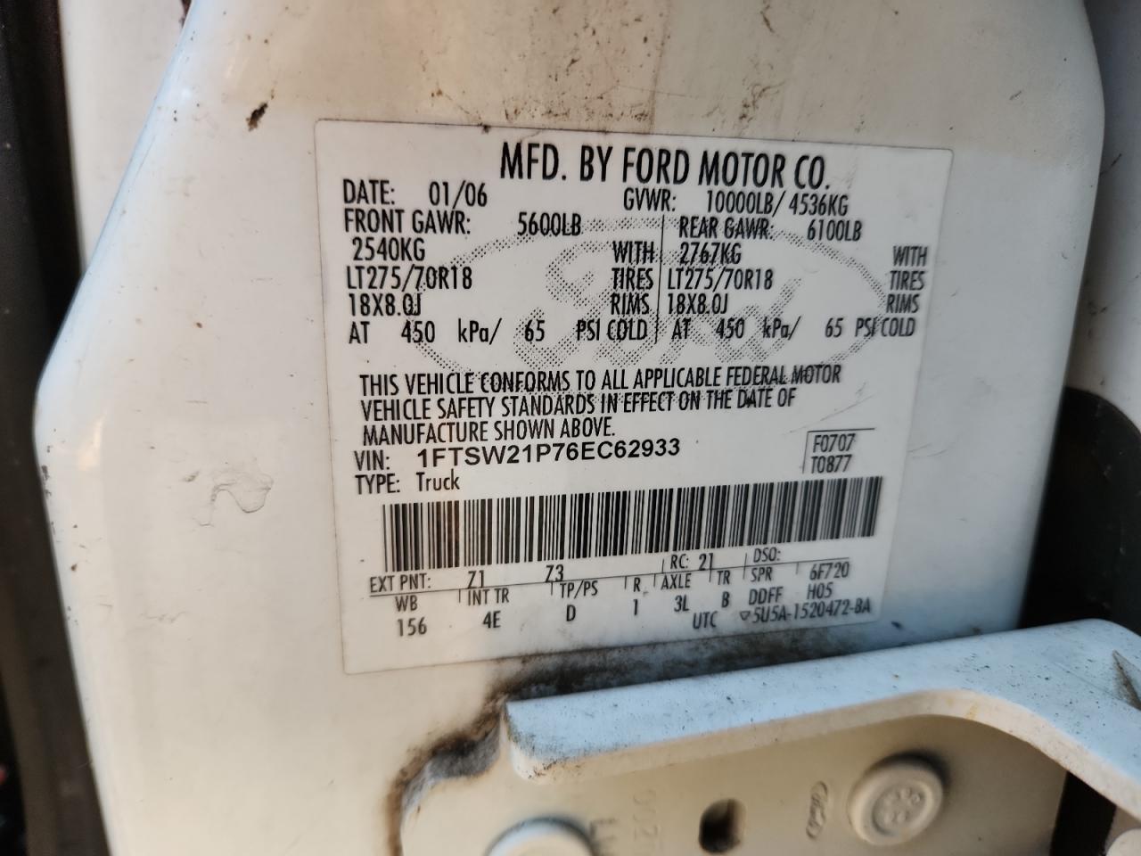 2006 Ford F250 Super Duty VIN: 1FTSW21P76EC62933 Lot: 87307835