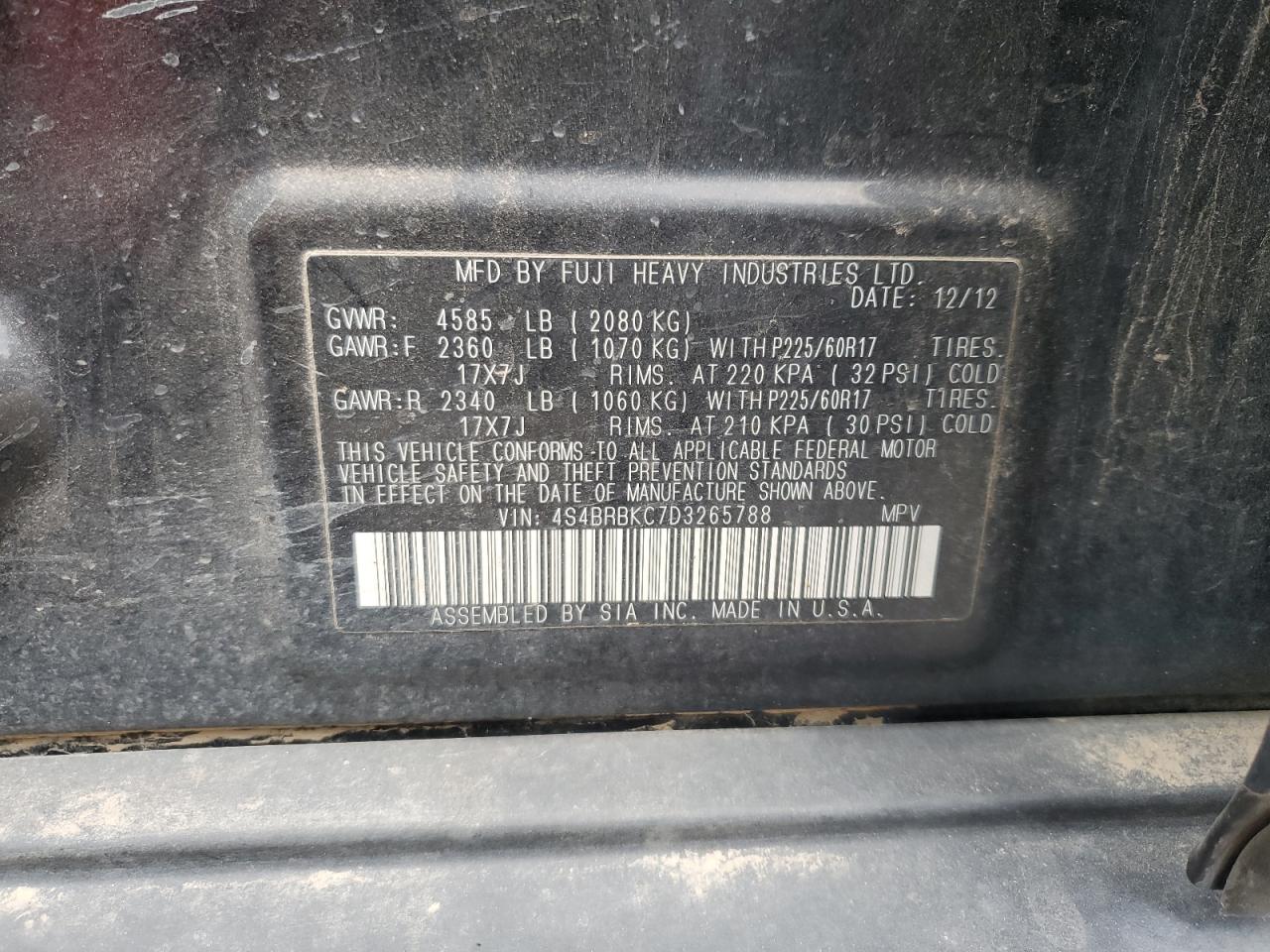2013 Subaru Outback 2.5I Limited VIN: 4S4BRBKC7D3265788 Lot: 85648495