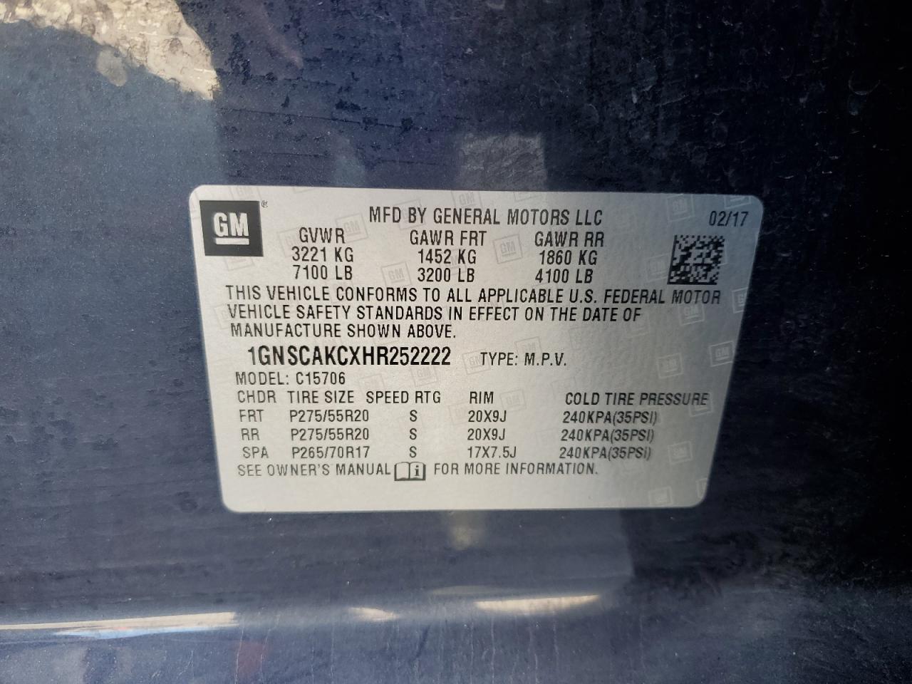 2017 Chevrolet Tahoe C1500 Ls VIN: 1GNSCAKCXHR252222 Lot: 85386645