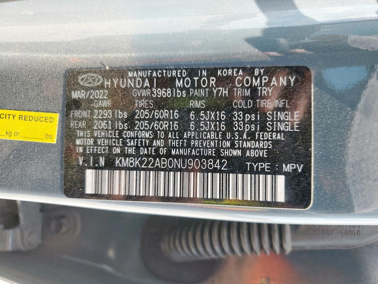 2022 Hyundai Kona Sel VIN: KM8K22AB0NU903842 Lot: 85135355