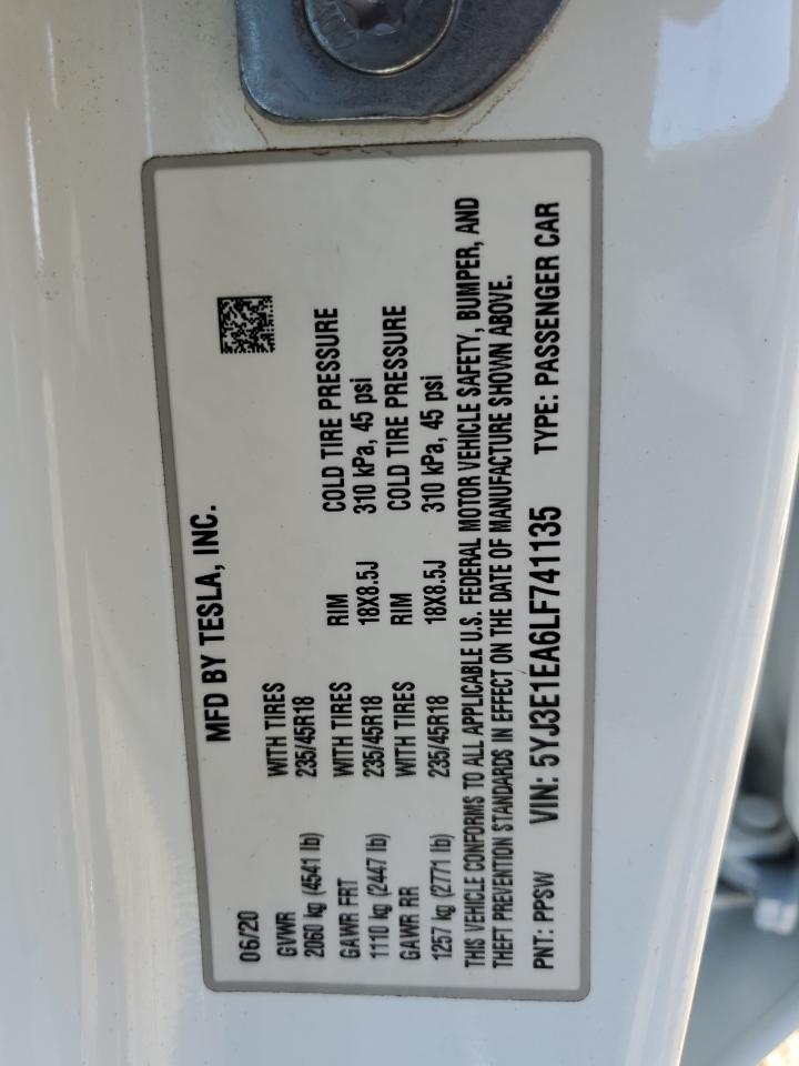 2020 Tesla Model 3 VIN: 5YJ3E1EA6LF741135 Lot: 89859075